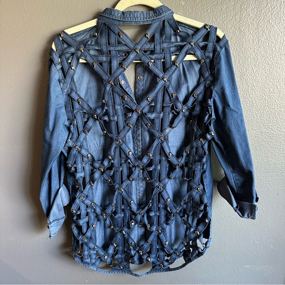 Blue denim LF cross back skull button down long sleeve shirt CARMAR - Picture 1 of 4